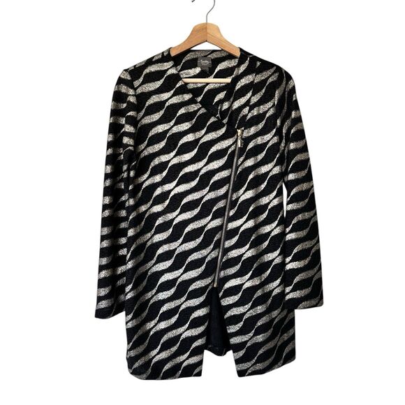 CHICO'S Travelers S Black  Metallic Wavy Striped Asymmetrical Zip-Up Jacket - Picture 2 of 14